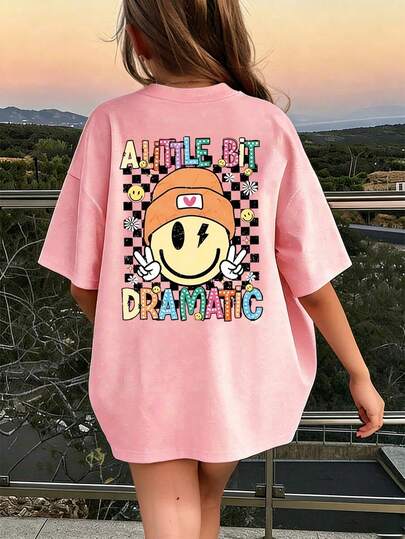 Tween Girls' Casual Loose Fit Cartoon Smiling Face & Letter Print Round Neck Short Sleeve T-Shirt