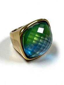 1pc 14K Gold Plated Stainless Steel Large Gemstone Decorated Square Ring For Men And Women, Luxurious & Elegant - Gemstone - View 48