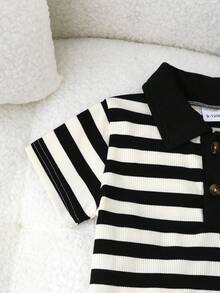 Fashionable Cute Bear Applique Black & White Striped Polo Collar Outfit For Baby Boys, Summer - Black - View 3