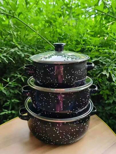 3-delars flerfärgad emaljkokkärlsset, tjock emaljgryta med dubbla öron, mångsidig för gas- och induktionshäll, inkluderar soppgryta, mjölkgryta, tecknad söt emaljskål