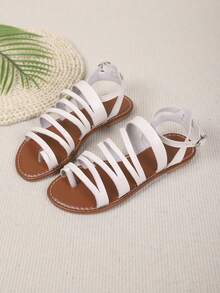 1 par de sandalias planas con tiras múltiples de estilo romano bohemio de color marrón de moda - Blanco - Ver 8