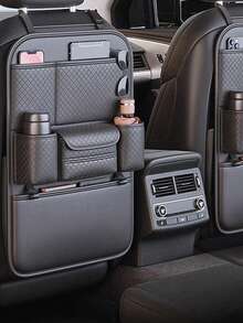 1个汽车座椅靠背收纳袋 - 菱形绗缝PU皮革，多口袋设计，可放置水瓶、平板电脑、玩具和纸巾 - 防踢，无需工具即可安装，适用于轿车、SUV等车型，后备箱收纳挂袋（黑色，时尚款）