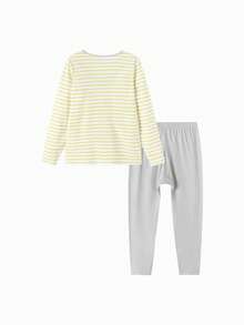 Balabala Children's Cotton Thermal Underwear Set, Soft Breathable Long Sleeve Top And Pants, Comfortable Base Layer Pajamas - Green Gray Tone - View 2