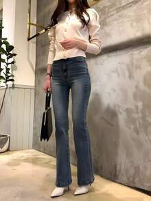 Cárdigan de manga larga para mujer, jersey de punto, chaqueta corta informal de un solo pecho, tops de mujer de moda Slim - Albaricoque - Ver 5