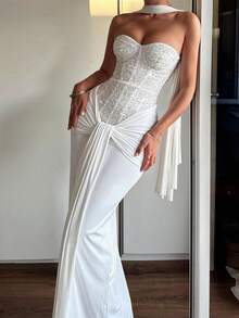 Women's Sweetheart Neck Sequin Corset Maxi Dress With Draped Knot Detail For Wedding Guest, Evening Party & Formal Events,Valentine Outfits For Women,Bridesmaid Dress - White - View 4