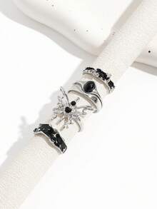 4件套朋克风黑色滴釉蝴蝶戒指，多元素仿宝石叠戴戒指套装（女士款） - 銀色 - 查看 4