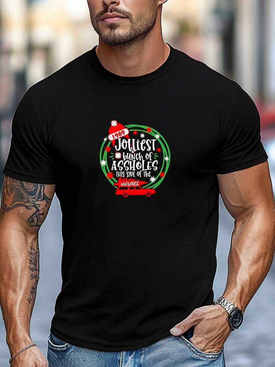 1pc Camiseta Casual de Cuello Redondo para Hombre con Gráfico del Bunch ofás Alegre.% Algodón. Ligera elasticidad. Comodidad para todas las estaciones. Camiseta básica de color sólido - Negro - Ver 1