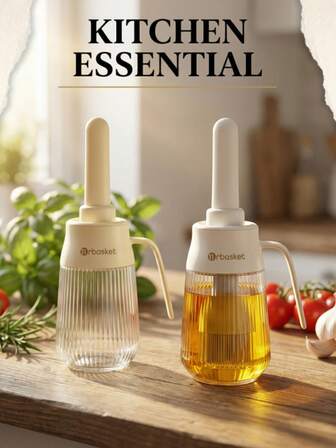 1pc Glass Oil Pot Seasoning Bottle, High-Temperature Resistant And Easy-To-Clean Cooking Bottle, Suitable For Seasoning Portioning, Kitchen Cooking, Outdoor Barbecue, Quantitative Oil Extraction, Drip-Proof Bottle Mouth, Multi-Functional Seasoning Pot Popular Kitchenware.