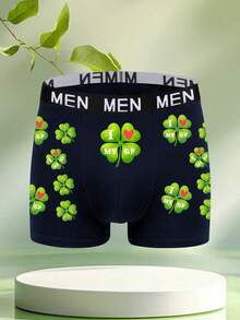 男士简约日常平角内裤，饰有三叶草和字母图案，弹性腰带 - 藍色 - 查看 1