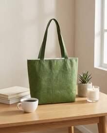 Paper Bag Reusable Waterproof Tear Resistant  Friendly Retro Handbag For Women Casual Shopping Daily Wear High Capacity - Màu xanh lá cây với lớp lót bằng vải bố [kiểu nằm ngang]; 42*32*12cm - Xem 4