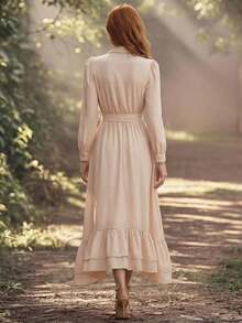 Vestido Vuslat de Primavera para Mulheres, Elegante e de Temperamento, de Manga Longa com Recortes de Renda, Solto com Babados Multicamadas e Cordão na Cintura, Adequado para Escritório, Transporte, Ano Novo, Dia dos Namorados, Ramadã