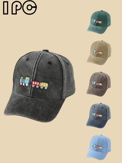 1pc Kids' Casual Washed Denim Cartoon Car Embroidery Decor Sun Protection Baseball Cap, Suitable For Spring/Summer Outdoor Travel