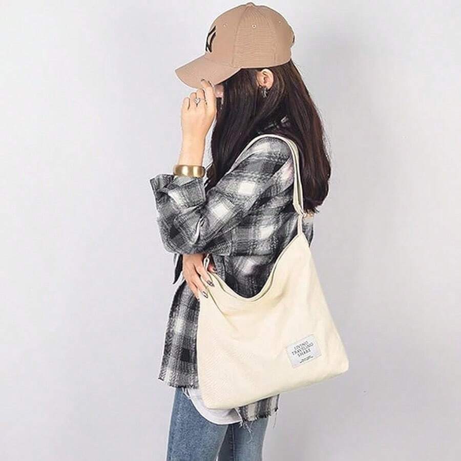 Bolso de Mano de Lona para Niñas - Bandolera Ajustable, 36x36x9 cm, Ideal para Trabajo, Compras y Escuela - A Beige - Ver 1
