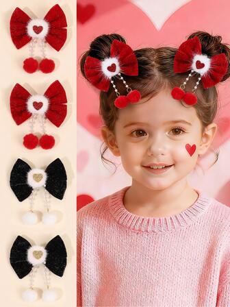 2个圣诞装饰红黑丝绒蝴蝶结发夹，心形蝴蝶结发饰，时尚发饰，适合作为女孩和儿童的冬季礼物