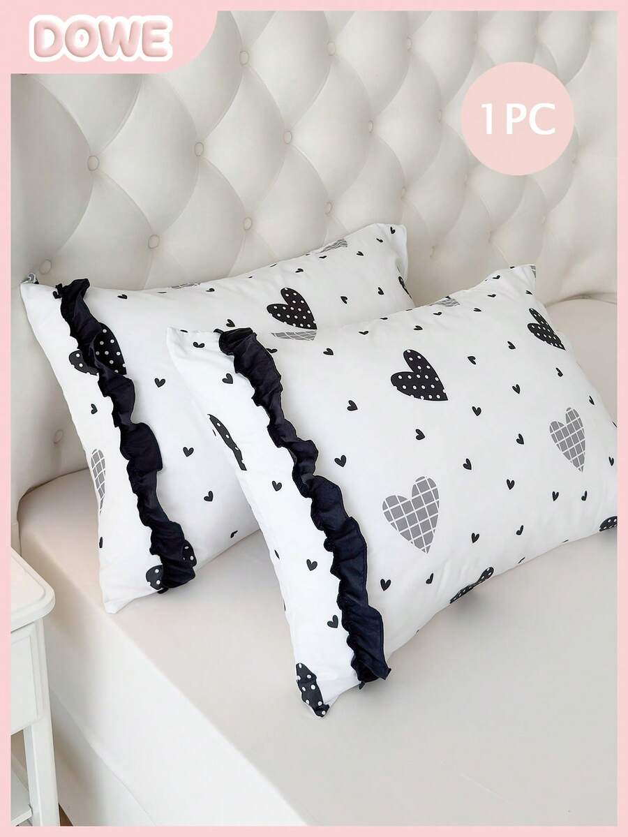 1pc 100% Polyester Black & White Heart Lace Solid Color Pillowcase (Pillow Insert Not Included), Suitable For Bedroom Decor, Wedding, Romantic, Bohemian Style