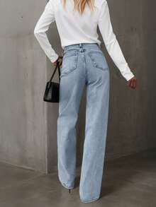 Women's Casual Versatile Straight Leg Jeans With Pockets - Light Wash - View 4