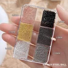 Una caja de 6 accesorios de arte de uñas de mini bolas de acero 3D, tamaños mixtos de 0.6/0.8/1mm mini cuentas de caviar de acero inoxidable pequeñas, bolas de metal en colores dorado, plateado y multicolor, piedras sintéticas y accesorios para uñas - Multicolor - Ver 11
