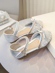 Girls' Mary Jane Flat Shoes, Shiny Low Heel Flower Wedding Party Shoes, Suitable For Toddler/Big Kids - Silver - View 2