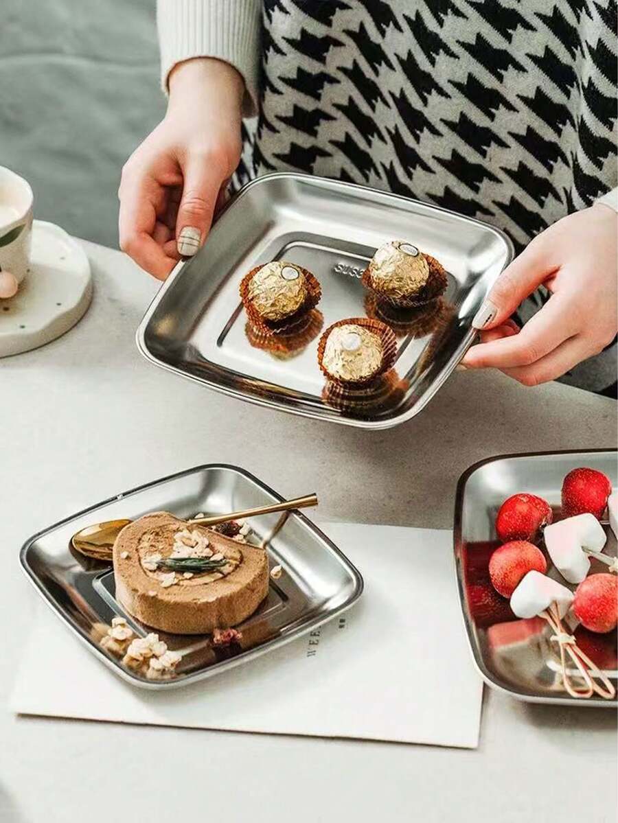 1pc 304 Stainless Steel Square Plate, Dessert Cake Western Pastry Tray, Square Dish Plate