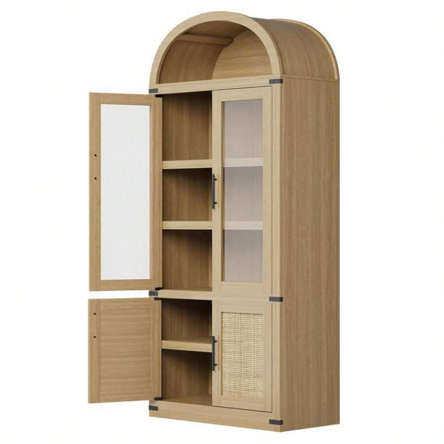 Multi-Room Arched Storage Bookcase, 6-Tier Modern Wooden Shelves With Doors, Elegant And Functional Storage Solution For Living Room And Office  Arched Bookcase With Doors Modern 6-Tier Bookshelf With Storage Wooden Display Cabinet Farmhouse Storage Shelves For Living Room, Kitchen, Office - Màu gỗ - Xem 1
