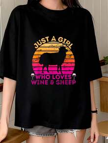 Solo una chica que ama el vino y las ovejas - Camiseta de ovejas, camiseta de ejercicio al aire libre para mujeres, camisetas gráficas, tops cortos, conjuntos, tops, camiseta PNNI - Negro - Ver 8