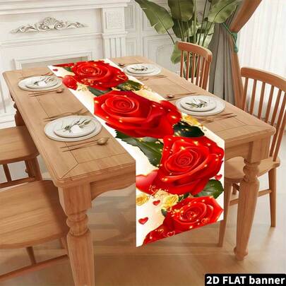 1面优雅的红色玫瑰桌旗，饰有光泽的玫瑰花瓣，适用于餐厅装饰，采用耐用的涤纶面料制成，适合婚礼、情人节、家庭聚会和酒店装饰，易于清洁，外观复古。