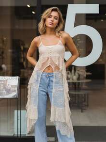 Women's Boho Lace Cami Top Elegant Ruffle Spaghetti Strap Tank Top Flowy Summer Camisole  Beach Vacation Top - Apricot - View 3
