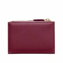 محفظة نسائية جديدة من الجلد الصناعي المرقع، محفظة مزدوجة عالية الجودة، حامل بطاقات بسيط مع إغلاق بزر نصف دائري، محفظة صغيرة، محفظة جميلة، محافظ للنساء - الأحمر - مشاهدة 6