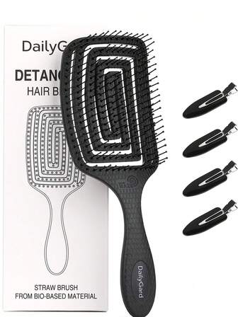 透气顺发梳，带柔韧刷毛，速干弧形桨梳，适用于湿发，防打结洗发按摩头皮，带分区夹，适合卷发、长发、浓密发质、波浪发。