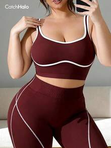Plus Size Women's Seamless Sports Camisole, Contrast Color Trim, U-Back Design, Unlined, Suitable For Yoga & Running - Redwood - View 5