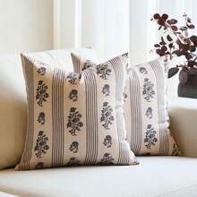 1pc Faux Linen Floral Throw Pillow Covers 18x18 Block Print Pillow Covers Neutral Floral Striped Farmhouse Decorative Pillow Covers For Sofa Couch Bed, Brown Single-Sided Print Without Zipper - 2 - View 1