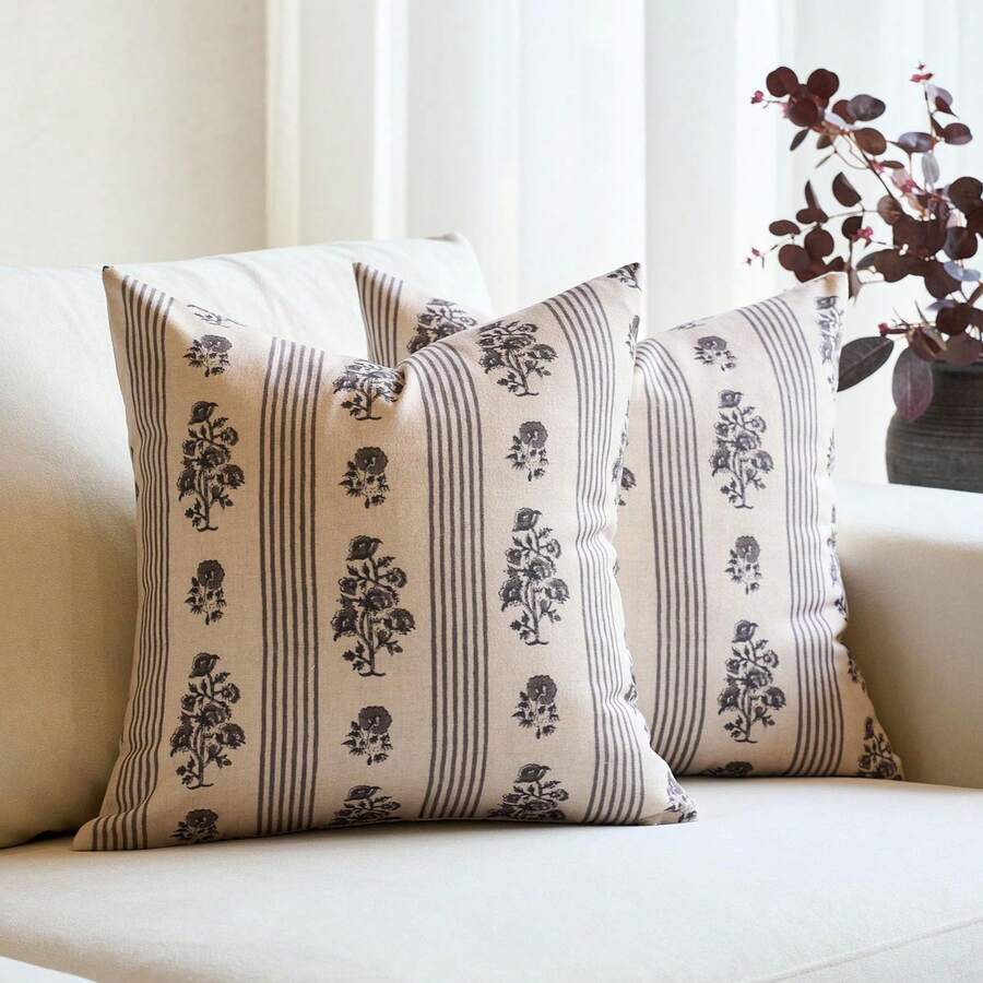 1pc Faux Linen Floral Throw Pillow Covers 18x18 Block Print Pillow Covers Neutral Floral Striped Farmhouse Decorative Pillow Covers For Sofa Couch Bed, Brown Single-Sided Print Without Zipper - 2 - View 1