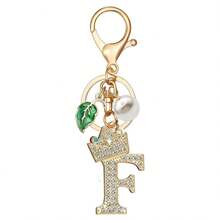 Bling Crown Letter Keychain Pearl Leaf Charms For Key Handbag Backpack Bag Alphabet Key Chain Initial Accessories