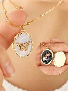 DIY Customizable New Item Butterfly Shell Photo Album Photo Frame Openable Necklace, French Retro Customizable Photo Necklace, Luxurious Sophisticated Collarbone Necklace, Gift For Girlfriend, Friend