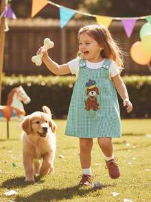 Vestido de MardiGras para niña pequeña, con bordado de perro a cuadros, sin mangas, informal, para verano y primavera - Verde - Ver 9