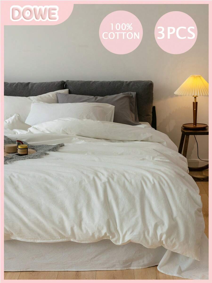 Bộ 3 món ga trải giường bằng vải lanh (1 vỏ chăn + 2 vỏ gối), không kèm ruột chăn, phù hợp cho ký túc xá nam/nữ, bộ đồ giường học sinh, trang trí ký túc xá, phong cách tối giản. - trắng - Xem 1