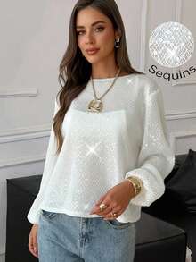 New White Sequin Sheer Blouse, Elegant Round Neck Lantern Sleeve Design, Button Back Loose Flattering Soft Casual Long Sleeve Shirt For Women - White - View 4