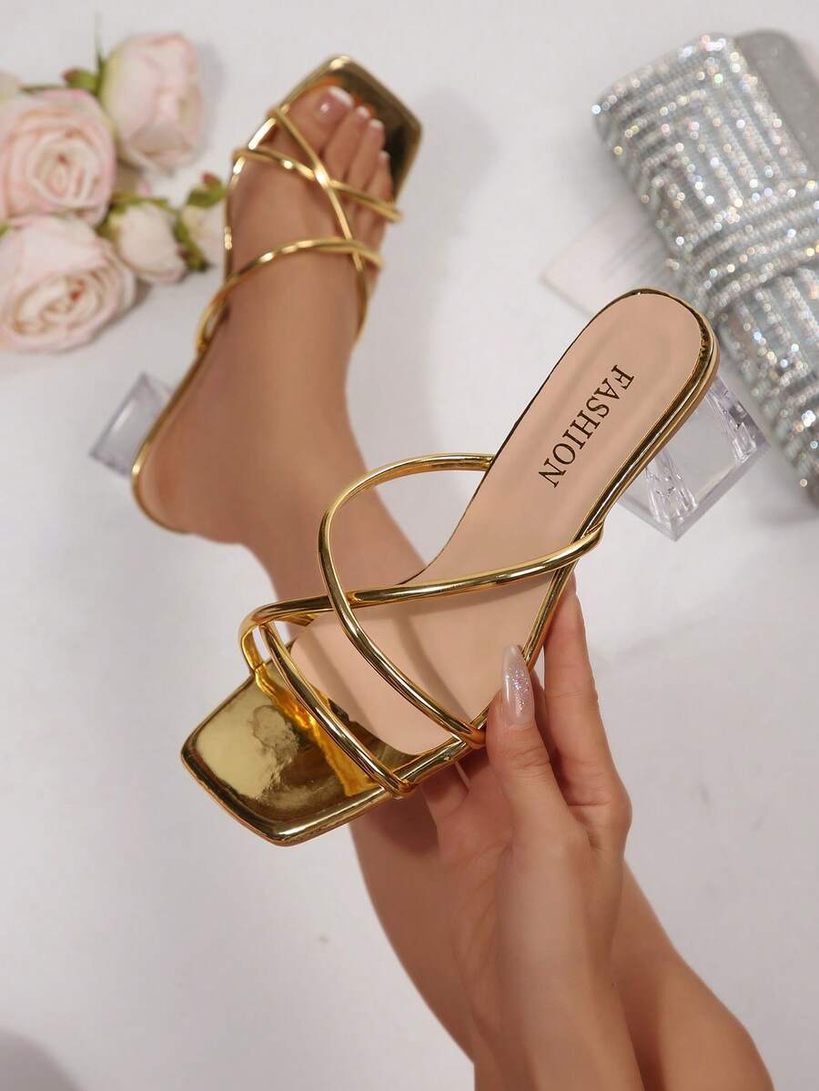 新款加大码女式方头镂空交叉绑带舒适简约水晶粗跟凉拖鞋，休闲时尚户外度假沙滩夏季鞋 - 金色 - 查看 1
