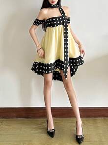女士波点拼接露肩露背波西米亚风约会迷你连衣裙 - 黑色 - 查看 8