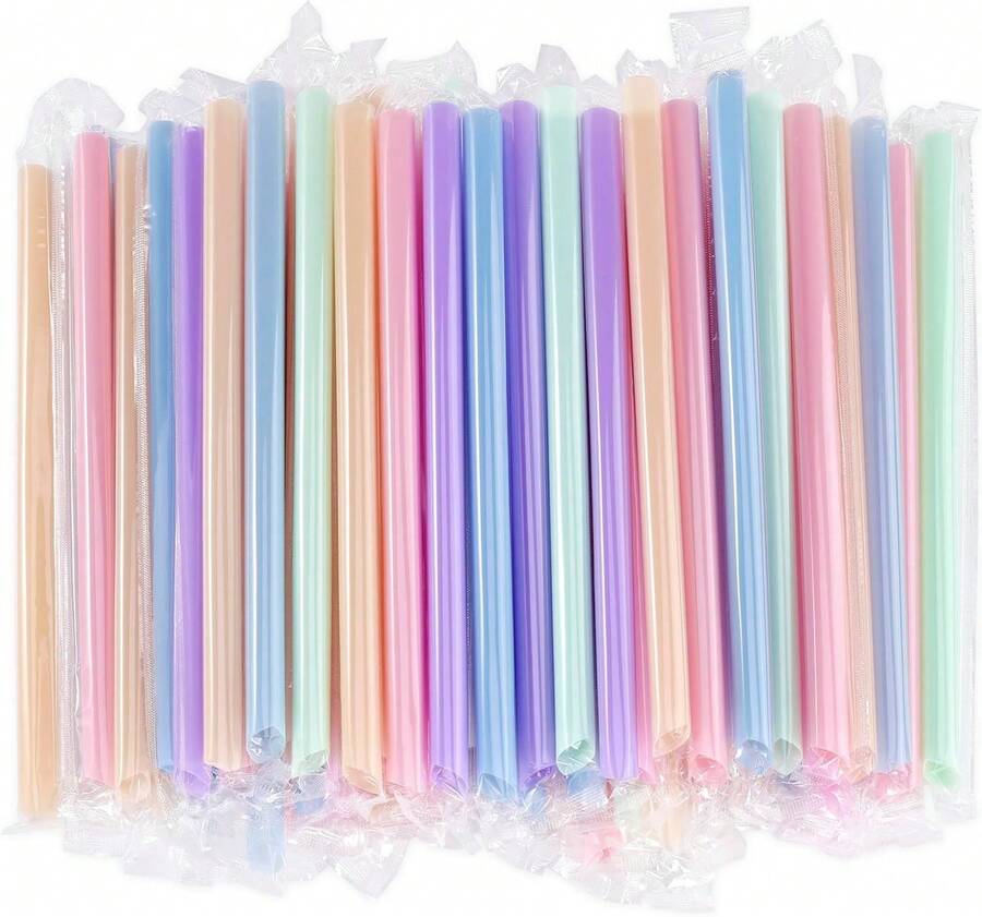 [Individually Wrapped] Disposable Plastic Smoothie Boba Straws - 9.45" Long 0.43" Wide Colorful Jumbo Straws For Milkshake, Bubble Tea, Lemonade, Milk, Coffee - 黑色 - 查看 1
