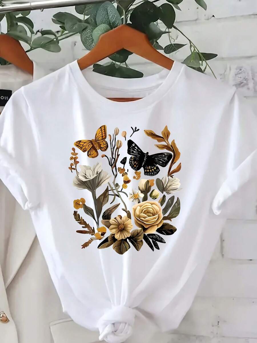 Camiseta Casual de Manga Corta para Mujer - Estampado Rústico Floral y Mariposas, Beige Suave con Mariposas Negras, Tejido Ligero Transpirable, Lavable a Máquina, Top Diario Primavera Verano, Camisas de Damas, Esencial del Armario Sazonal, Diseño Inspirado en Vintage, Ajuste Cómodo, Blusa Estampada, Estilo Inspirado en la Naturaleza, Moda Primaveral, Blusa Femenina, Construcción Duradera, Top de Manga Corta, Ropa de Primavera-Verano - Blanco - Ver 1