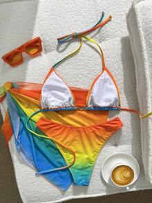 Conjunto de traje de baño minimalista básico de 3 piezas con estampado de degradado arcoíris azul-amarillo-naranja, decoración de concha metálica en el pecho y lazo en la cintura para mujer, ropa de vacaciones de playa para carnaval, 2026 Nuevo Traje de Baño de Chica Afortunada para Vacaciones de Verano - Multicolor - Ver 2