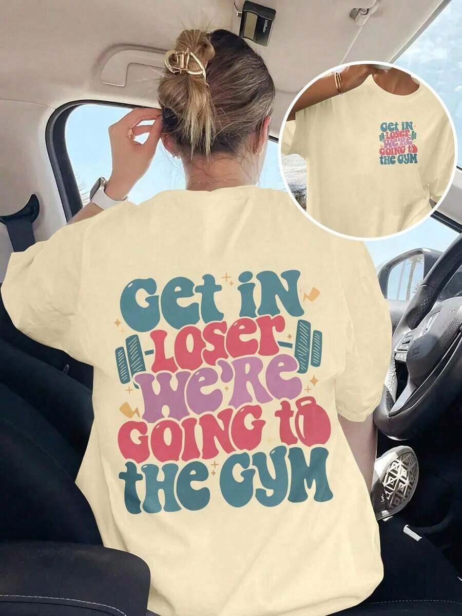 Shirt Women's "Loser, We're To The Gym" Slogan Printed T-Shirt, Loose Casual White Round Neck Short Sleeve Top, Soft And Comfortable, Very Suitable For Daily Casual Wear | Gym Enthusiasts | Fitness WearLoose And Comfortable2026 Halftime Show Shirt - 杏色 - 查看 1