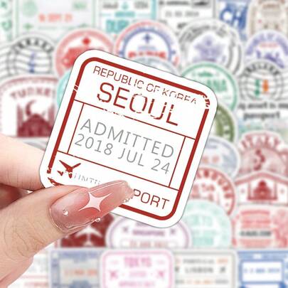 60pcs Vintage Passport Stamp Stickers, Travel Scrapbooking Supplies, Vase Graffiti Waterproof Decals For Luggage, Fridge Scrapbook Supplies Stationery