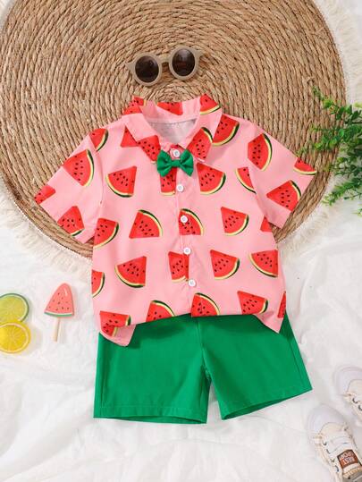 Summer Beach Tropical Fruit Cute Watermelon Print Short Sleeve Shirt With Green Shorts Set