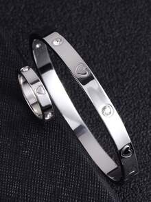 2pcs Stainless Steel Fashion Bracelet Set, High-Quality Heart Diamond Bracelet & Ring Set, 1 Bracelet + 1 Ring, Suitable For Girls, Boys, Daily Wear, Parties, Music Festivals, Great Gift For Girlfriend, Sister, Mom On New Year, Holiday, Wedding Anniversary - Silver - View 3
