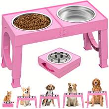 带两个1升不锈钢碗的增高狗碗，狗粮水碗架 - 4种高度可调（9英寸/11英寸/12英寸/14英寸），防滑可折叠宠物喂食器，适用于大、中、小型犬和猫，灰色/粉色