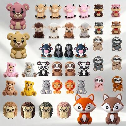 4/5/6pcs Silicone Animal Beads, Random Mixed Colors, 3D Sloth/Hedgehog/Cow/Sheep/Fox Beads, For DIY Jewelry Making, Bracelet, Necklace, Phone Chain
