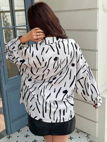 EARO 时尚女士长袖黑白抽象图案衬衫，休闲宽松版型上衣，春夏必备单品 - 黑與白 - 查看 2