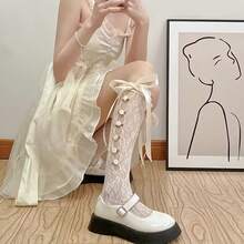 1双可爱女童白色蕾丝边过膝袜，带蝴蝶结和花朵图案 - 镂空渔网袜，非常适合约会之夜和惊喜礼物 - 彩色 - 查看 4